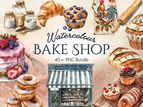 Watercolour Bakery Clipart Set: Fresh-Baked Charm for Every Design