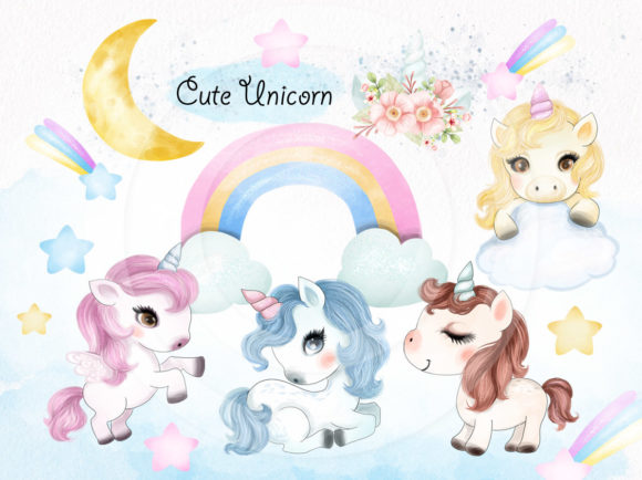 Whimsical Design with Cute Unicorn Water Color Clipart Instant